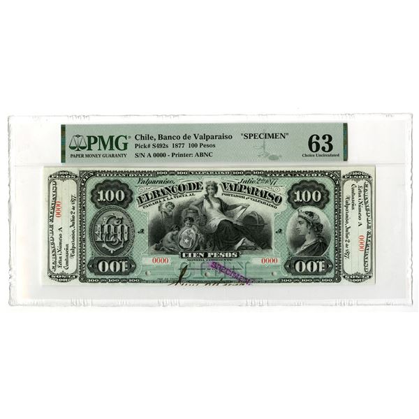 Chile. Banco De Valparaiso, 1877, Specimen Banknote Rarity.