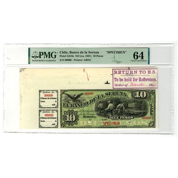 Chile. Banco de la Serena, 189x, (ca.1891), Specimen Banknote
