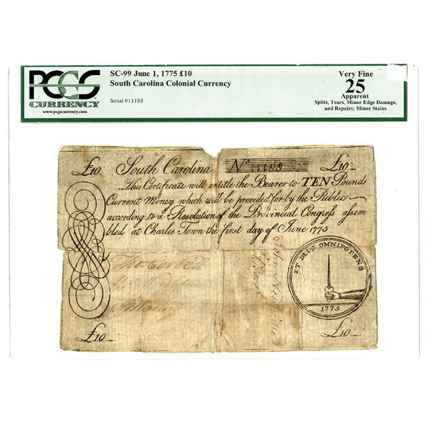 SC. South Carolina Colonial Currency, June 1, 1775, 10 Pounds, SC-99, Issued Banknote.