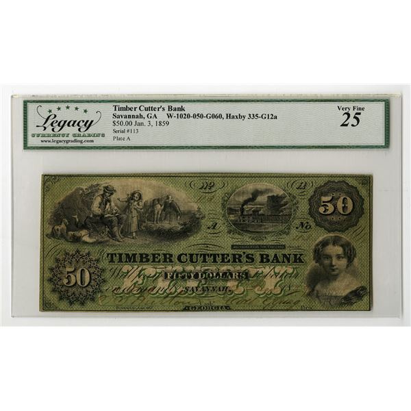 GA. Timber Cutter's Bank, January 3, 1859, Obsolete Banknote.