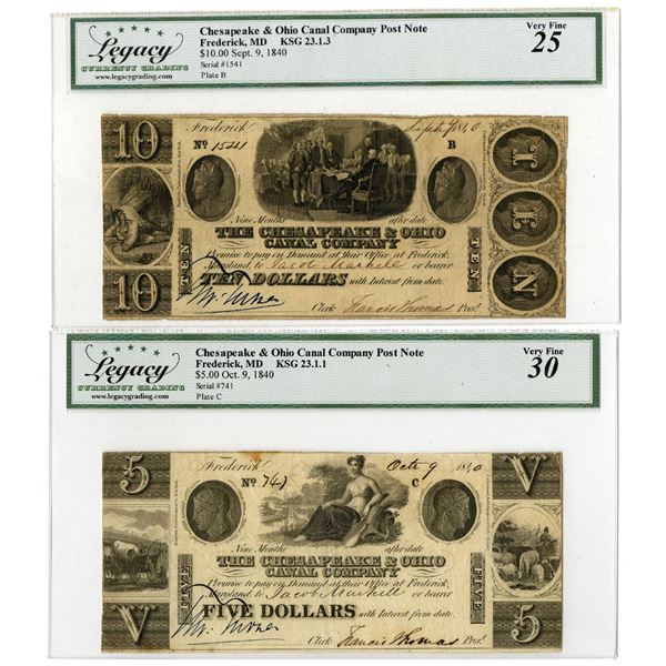 MD. Chesapeake & Ohio Canal Co. Post Note, 1840, Obsolete Banknote Pair.