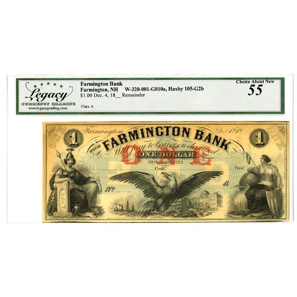 NH. Farmington Bank, December 4, 18xx (180s), Remainder Obsolete Banknote.
