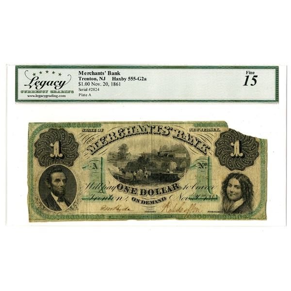 NJ. Merchant's Bank, November 20, 1861, Issued Obsolete Banknote.