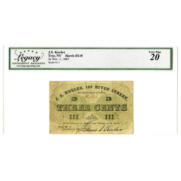 NY. J. S. Keeler, 1862, Issued Obsolete Scrip Note.