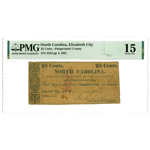 NC. North Carolina, County Trustee of the County of Pasquotank, 1861, 25 Cents Issued Scrip Note.