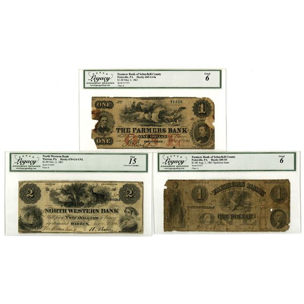 PA. Farmers Bank of Schuylkill County and North Western Bank, 1861, Issued Obsolete Banknote Trio.