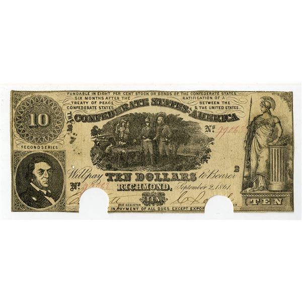 VA. Confederate States of America, $10, September 2, 1861, Cancelled Banknote.