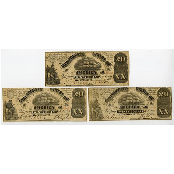 VA. Confederate States of America, September 2, 1861, $20, T-18a, Issued Banknote Trio