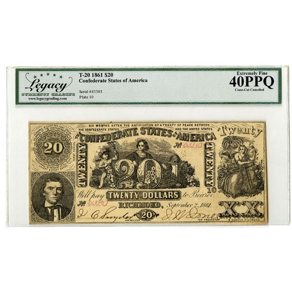 VA. Confederate States of America, September 2, 1861, 20 Dollars, T-22, Issued Banknote.