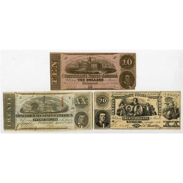 VA. Confederate States of America, 1861 to 1863, Cancelled Banknote Trio.