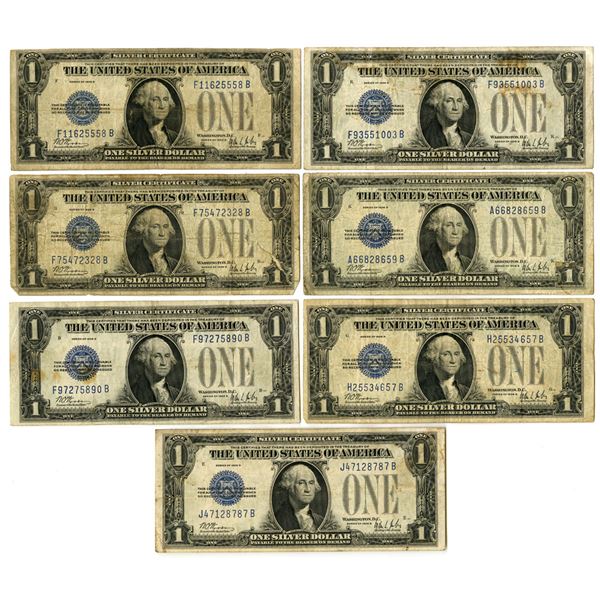 U.S. Silver Certificate, $1, Series of 1928B, Fr.# 1602, Issued Group of 7 Banknotes.