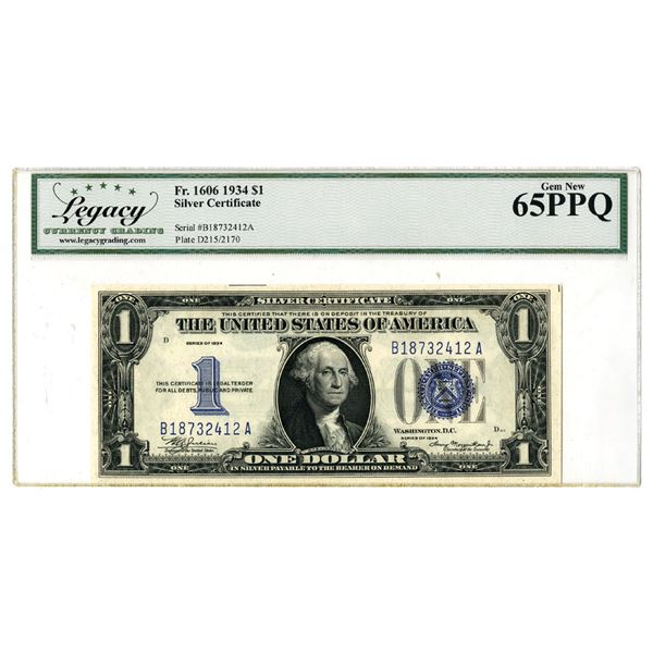 D.C., Silver Certificate, $1, Fr. 1606, Series of 1934, Issued Banknote.