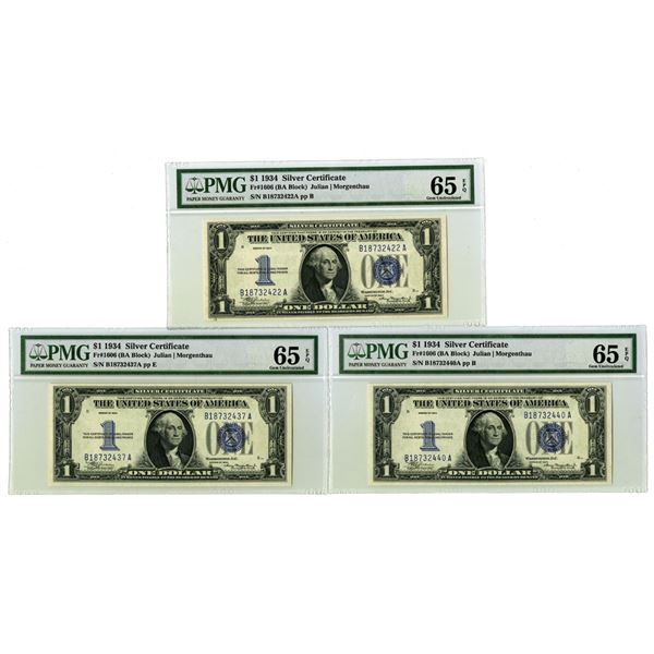 D.C., U.S. Silver Certificate, $1, Series of 1934, Issued Banknote Trio.