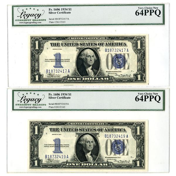 U.S. Silver Certificate, $1, Fr. 1606, Series of 1934, Issued Banknote Pair.