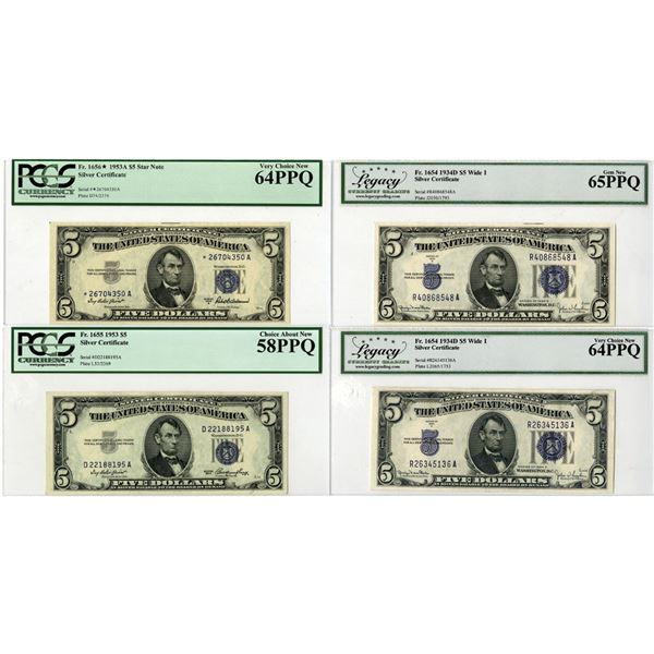 D.C., Silver Certificate, $5, Fr.#1654, 1655, & 1656*,  Series of 1934 and 1953 Issue Quartet.