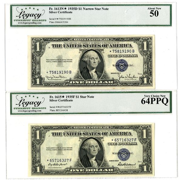 U.S. Silver Certificate, $1 Series of 1935D and Series of 1935F, Issued Star Note Banknote Pair.