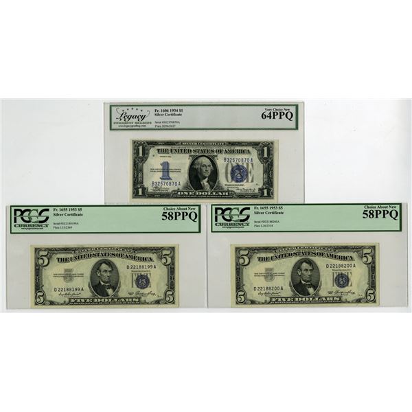 D.C., Silver Certificates, Series of 1934 and Series of 1953, Issued Banknote Trio.