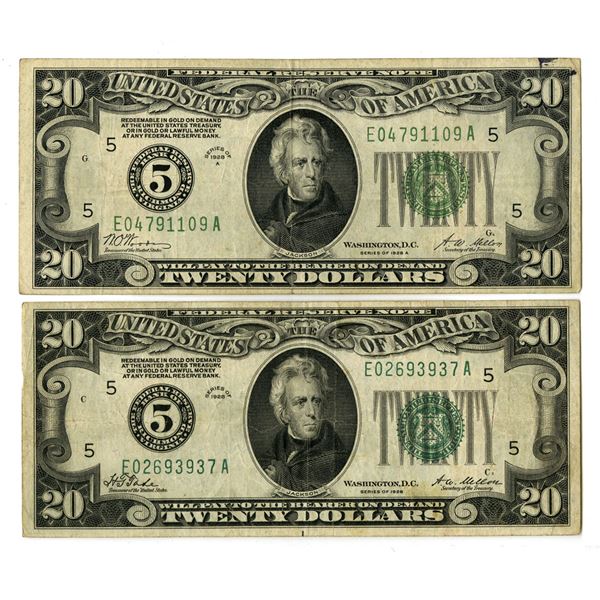 U.S. Federal Reserve Notes, $20, Series of 1928 and Series 1928A, Issued Banknote Pair.