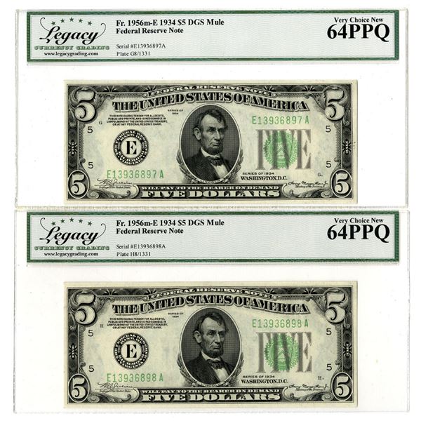 VA., Federal Reserve Notes, $5, Series of 1934, Fr.# 1956m-E DGS Mule, Sequential Issued Banknote Pa
