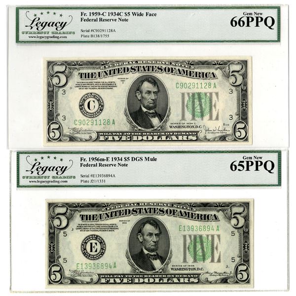D.C., Federal Reserve Notes, $5, Series of 1934 and 1934C, Issued Banknote Pair.