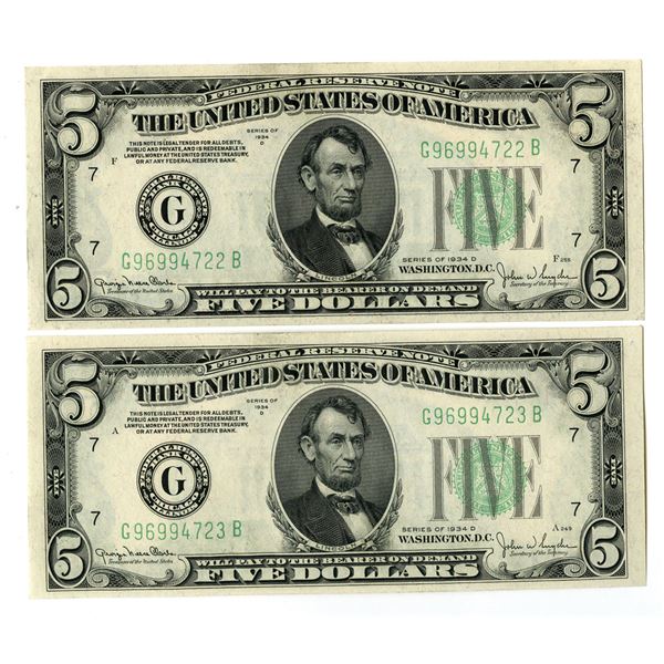 U.S. Federal Reserve Notes, $5, Series of 1934D, Fr.# 1960G, Sequential Issued Banknote Pair.