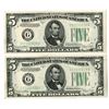 Image 1 : U.S. Federal Reserve Notes, $5, Series of 1934D, Fr.# 1960G, Sequential Issued Banknote Pair.