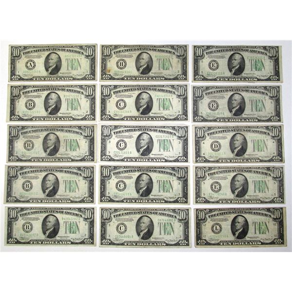 U. S. Federal Reserve Notes, $10, Series of 1934 and Series of 1934A, Issued Group of 15 Banknotes.