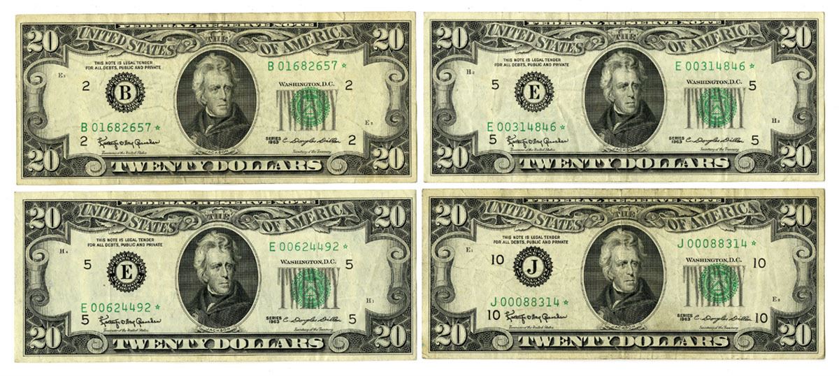 Reserved Notes U.S. Federal Reserve Notes, $20, Series of 1963, Issued Group of 4 Star ...