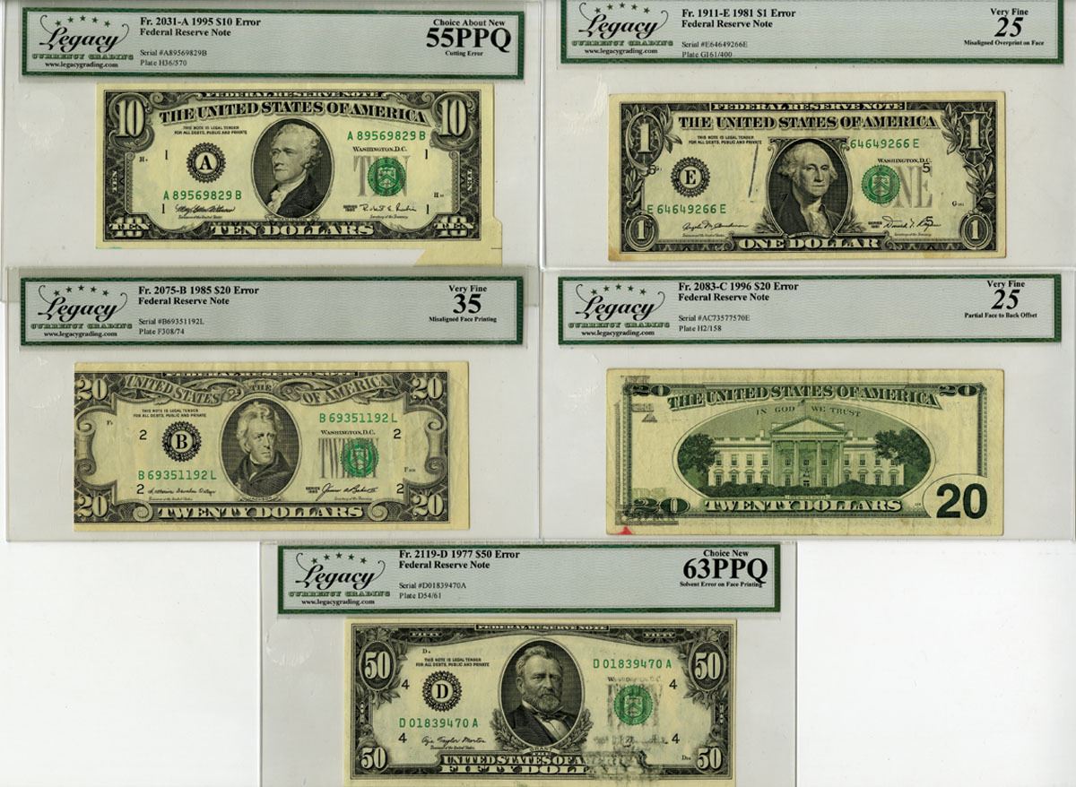 Error Bank Note D.C., Federal Reserve Notes, Series of 1977 to Series of 1996, Error ...