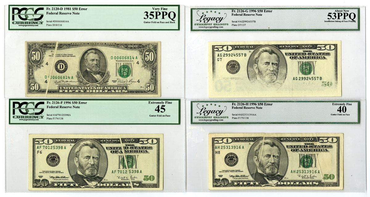 Error Bank Note D.C., Federal Reserve Notes $50, Series of 1981 and Series of 1996 ...