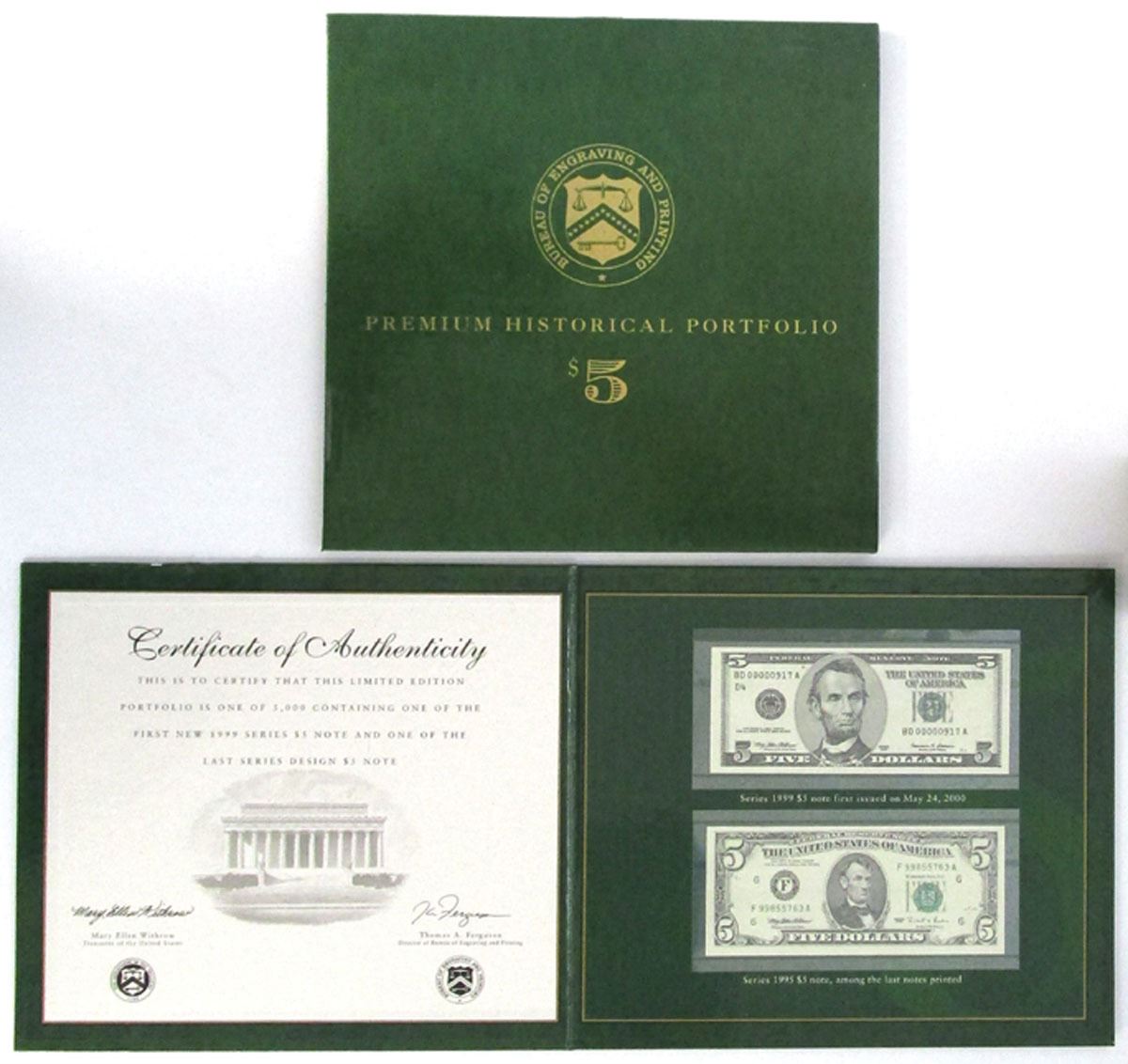 U. S. Federal Reserve Notes, 1995 and 1999, $5 Premium Historical ...