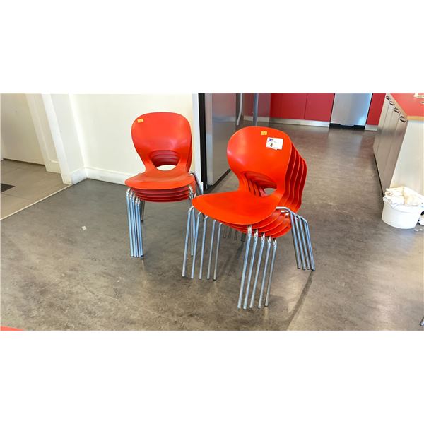 GROUP OF 10 RED STACKING LUNCH ROOM CHAIRS