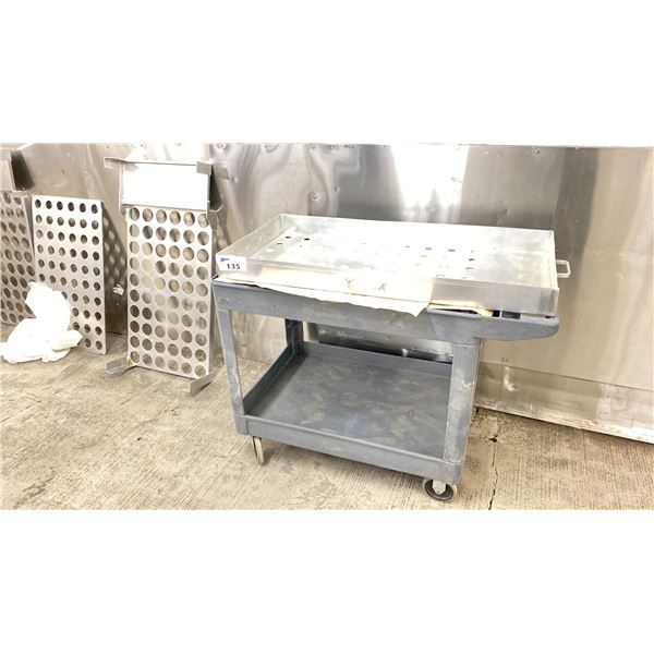 7 ALUMINUM CUSTOM BOTTLE FILLING TRAYS-COMES WITH 2 RUBBERMAID CARTS. VARIOUS SIZES