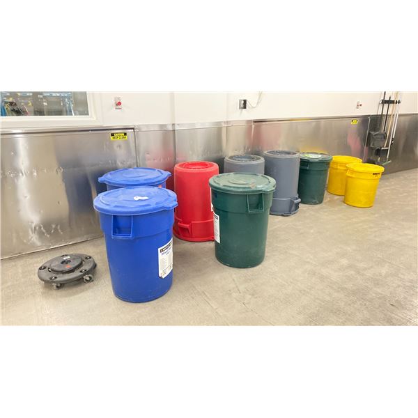 GROUP LOT OF GARBAGE, RECYCLING, GREEN, HAZARDOUS WASTE BINS. GLASS, PAPER, FILM, GARBAGE, ETC. 9