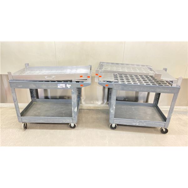 CUSTOM ALUMINUM JAR FILLING TRAYS WITH TWO RUBBERMAID CARTS. VARIOUS SIZES.