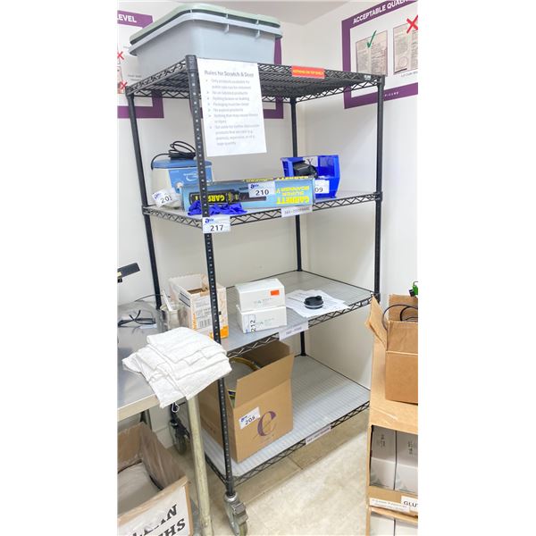 36"X24" BLACK METRO RACK ON WHEELS. 4 SHELVES NO CONTENTS LOCATED IN UPPER SCIENCE ROOM