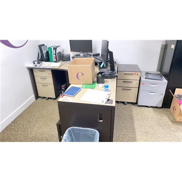GROUP LOT. 2X 66X66" CORNER DESKS, 4 MATCHING DRAWER PEDESTALS, GREY METAL DRAWER PEDESTAL, 3X21"