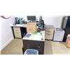 Image 1 : GROUP LOT. 2X 66X66" CORNER DESKS, 4 MATCHING DRAWER PEDESTALS, GREY METAL DRAWER PEDESTAL, 3X21"