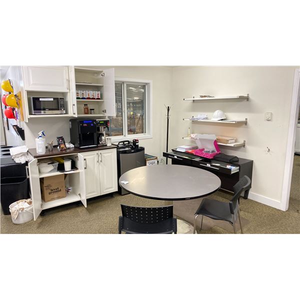 GROUP LOT LOCATED OUTSIDE SCIENCE ROOM. INC 48" ROUND TABLE, BAR FRIDGE, MICROWAVE, CREDENZA, COAT