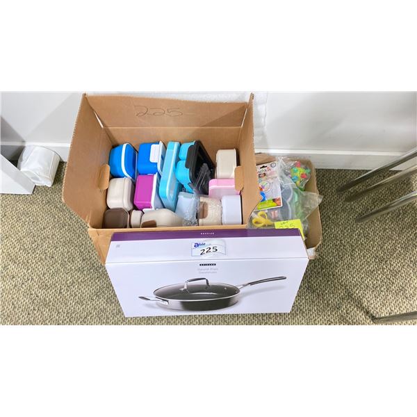 GROUP LOT ASST LUNCH TYPE CONTAINERS, SAUTE PAN IN BOX, BOX OF ASST CHILDRENS ITEMS