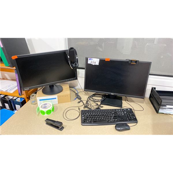 GROUP LOT OF 6 MONITORS. 3X 20" DELL, 24" SAMSUNG, 21" LENOVO, 24" DELL, ASST PHONE HEADSET,