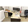 Image 1 : 2 X 66" CORNER DESKS WITH MOBILE OFFICE CARTS, 4' DESK, 4 X LENOVO MONITORS, ASST OFFICE TYPE