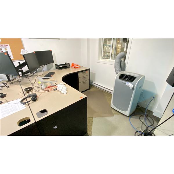 DESKS AND MONITORS IN OFFICE A 205. 60" DESK, 48" DESK, 4X 66" CORNER DESKS, MOBILE OFFICE CARTS,