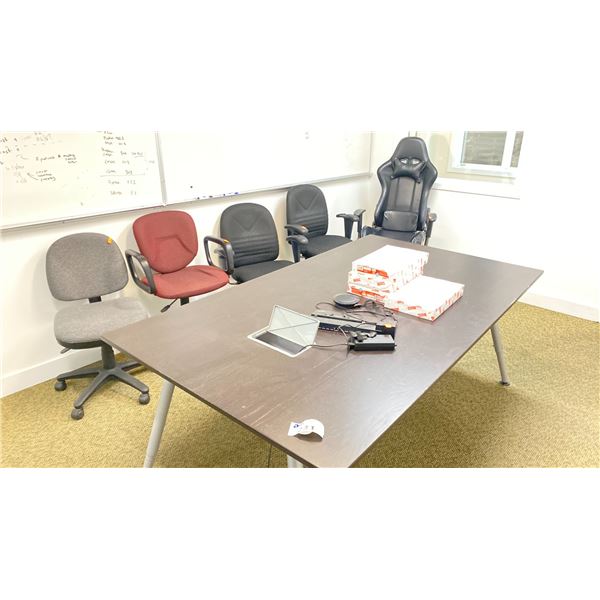 GROUP LOT IN ROOM A 203. 43"X77" BOARD ROOM TABLE, 7 STACKING CHAIRS, 5 ROLLING CHAIRS, THINKPAD