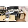 Image 1 : GROUP LOT IN OFFICE A 204. 90" CORNER DESK WITH MOBILE CARTS, POTTED TREE, 2X 66" CORNER DESKS WITH