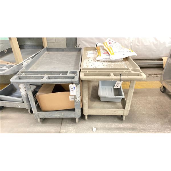 2 RUBBERMAID ROLLING CARTS-NOTE ONE HAS CRACKED HANDLE NO CONTENTS