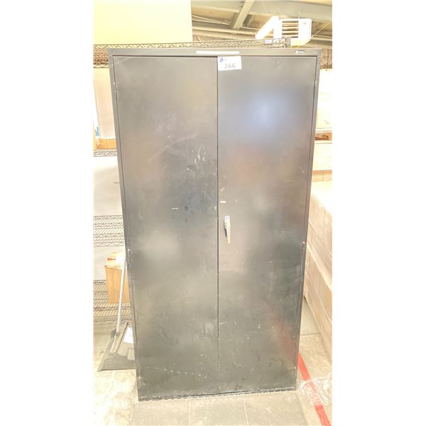 METAL CABINET WITH SOME CONTENTS. 3'X6'. GLOVES, BAGS, TONS OF LABELS, STAINLESS SAMPLE TUBE, ETC
