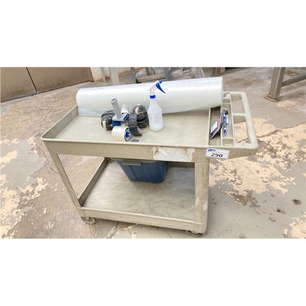 CART WITH CONTENTS. LARGE ROLL HEAVY POLY 12.5' WIDE WITH LOTS ON ROLL, TAPE, EAR PROTECTORS