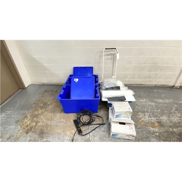 2 LARGE HEAVY DUTY TOTES WITH ASST GARBAGE BAGS (35X50 AND 26X36") CONTAINERS, POWER BAR AND