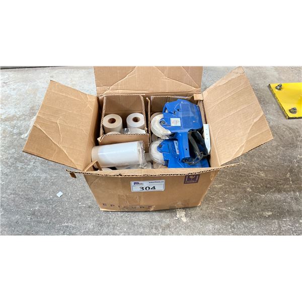 BOX OF AVERY MODEL 216 DOUBLE ROW LABEL GUNS WITH TONS OF LABELS. LOCATED IN HALL NEAR BLENDER